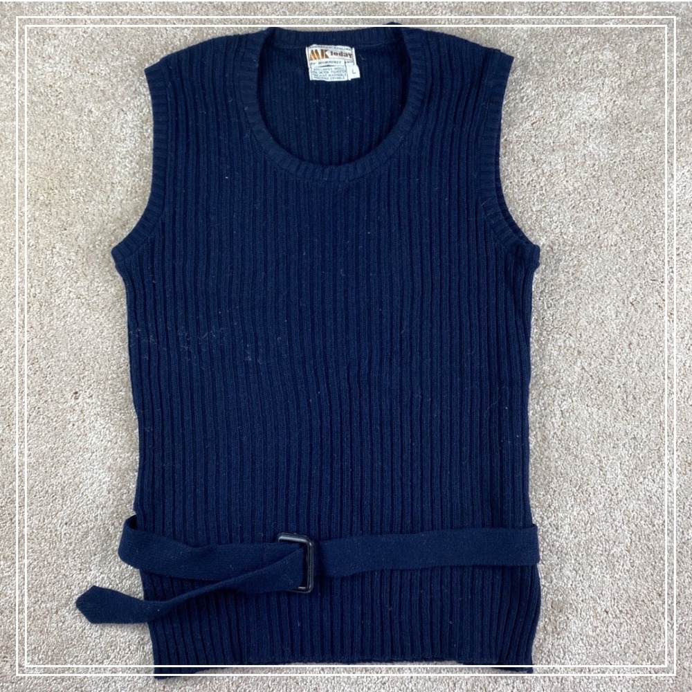 MK Today Milwaukee Knit Vintage Navy Blue Ribbed Belted Lambswool Sweater Vest L